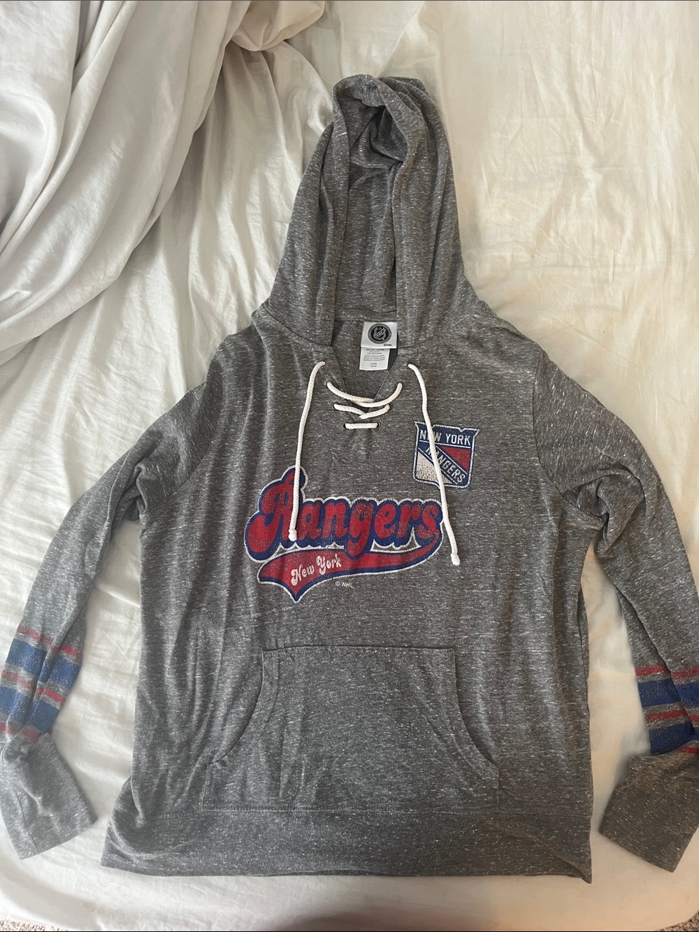 NHL New York Rangers Gray Long Sleeve Hooded Tee with Red and Blue Logo